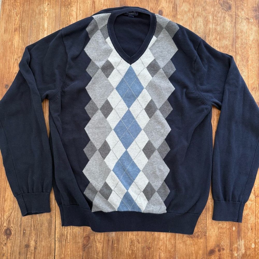 Bass V-Neck 100% Cotton Gray Black Blue Long Sleeve Argyle Sweater Men’s XL EUC
